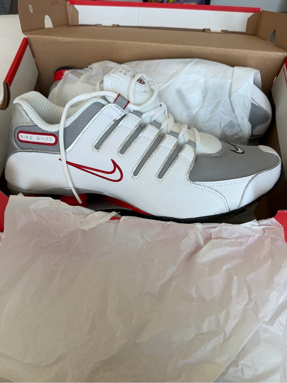 Nike Men’s White & Gray Shox Running Shoes with Red Accents
